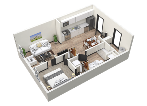 Floor plan for 1 bed, 1 bath, 485 sqft